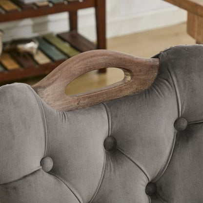 Set of 2 Gray Hand Tufted Velvet Dining Chairs, Solid Wood Handles Vintage Copper Nail Curved Wood Legs