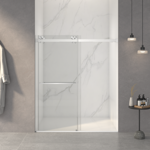 56-60"W x 70"H Frameless Double Sliding Shower Door,5/16" (8mm) Thick SGCC Tempered Clear Glass,Double Side Easy Clean Coat,Brushed Nickel Finished With Buffer