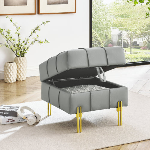 Gray Anti-Scratch Leather Storage Ottoman, Pet-Friendly Bench with Golden Stainless Steel Legs