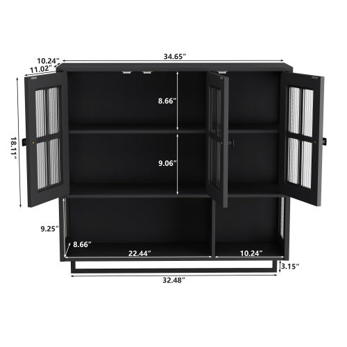 Bathroom Wall Cabinet, 3-Door Wooden Wall Cabinet with Open and Hidden Storage Space, Medicine Cabinet with Glass Door and Towel Bar for Entryway Living Room Bathroom Dining Room,Black