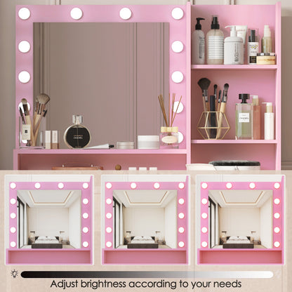 Pink Vanity Desk with Mirror & Light, 12 LED Bulbs, Large Drawer, 3 Shelves & 3-Level Cabinets, 3 Lighting Modes