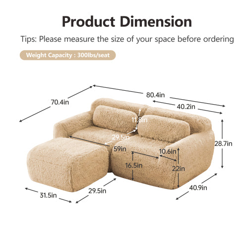 Light-Khaki L-Shape Plush Boneless Modular Sofa with Chaise Pillows