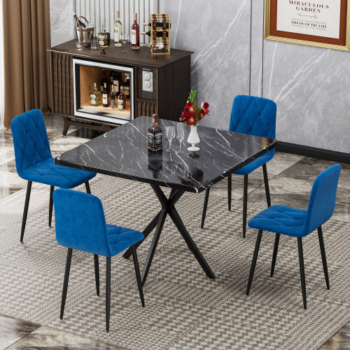 Square Dining Table Set for 4, Modern Faux Marble Dining Table with 4 PU Chairs, MDF Top & Iron Legs, Space Saving Kitchen Dining Set