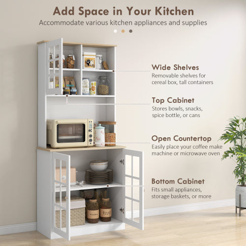 Kitchen Pantry Cabinet, 72 inch Freestanding Storage Cabinet with Hutch, Large Countertop, Glass Doors and Adjustable Shelves, Microwave Cabinet, Coffee Bar Cabinet for Dining Room, White