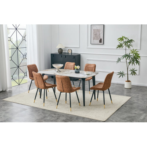 Set of 2 Brown Leathaire Tech Fabric Dining Chairs, Black Semi-Gloss Metal Leg Gold Trim Adjustable Feet Vertical Stitch High Back