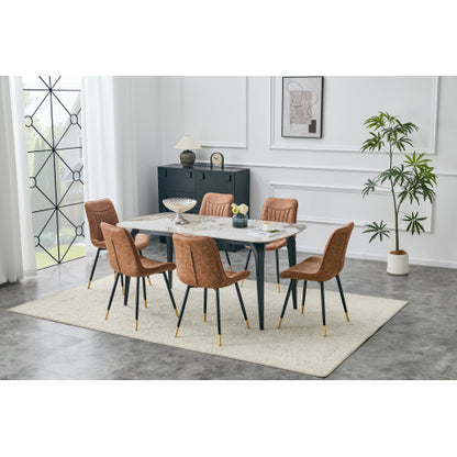 Set of 2 Brown Leathaire Tech Fabric Dining Chairs, Black Semi-Gloss Metal Leg Gold Trim Adjustable Feet Vertical Stitch High Back