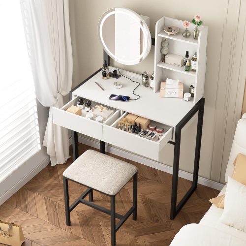 White & Black Vanity Desk with LED Mirror, 3 Light Modes, Outlet, Drawer & Stool