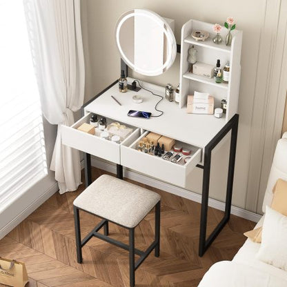 White & Black Vanity Desk with LED Mirror, 3 Light Modes, Outlet, Drawer & Stool