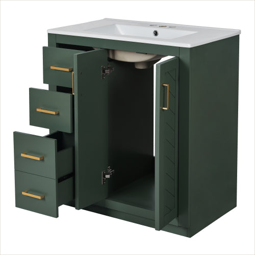 30'' Bathroom Vanity with Ceramic Sink Combo,Solid Wood Frame Bathroom Storage Cabinet, Freestanding Vanity Set with 3 Drawers& Soft Closing Doors