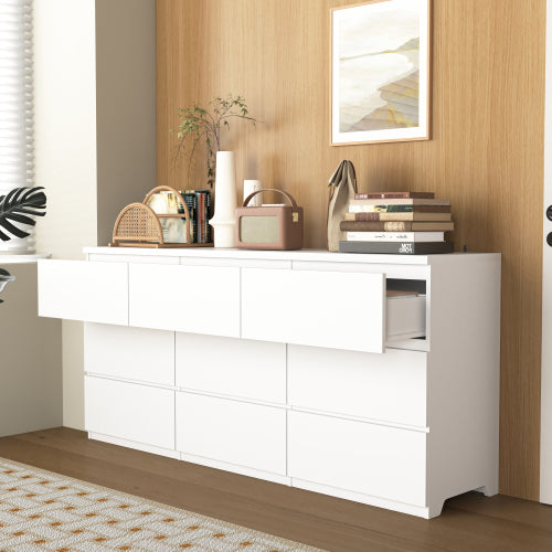 9 Drawer Dresser with No Handle Design, Modern White Matte Wood Dresser for Bedroom, Storage Chest of Drawers for Living Room, Hallway, Entryway