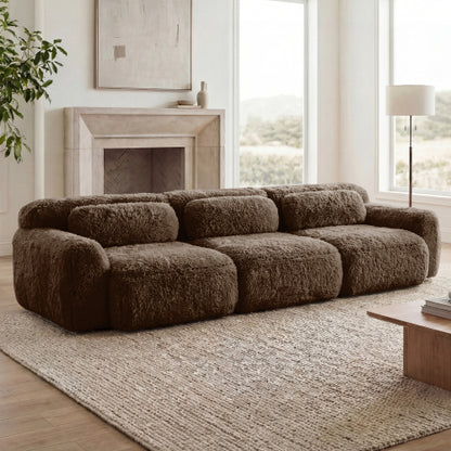 114 inch  Chocolate Plush Modular Sectional Sofa,Buckle Connection,No Assembly,Throw Pillows