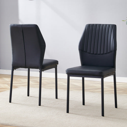 Striped Back PU Dining Chairs with Black Metal Legs, Set of 2, Black