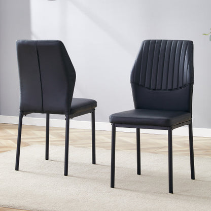 Striped Back PU Dining Chairs with Black Metal Legs, Set of 2, Black