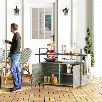 Wicker Outdoor Bar Table with 2-Tier Shelf & Cabinet, Mixed Gray