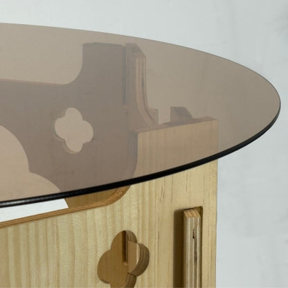 31.1inch  Round Tempered Glass Coffee Table, Floral Hollow Wood Base, Cat Nest Design