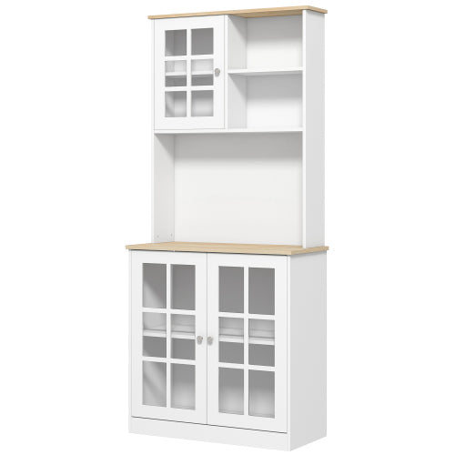 Kitchen Pantry Cabinet, 72 inch Freestanding Storage Cabinet with Hutch, Large Countertop, Glass Doors and Adjustable Shelves, Microwave Cabinet, Coffee Bar Cabinet for Dining Room, White
