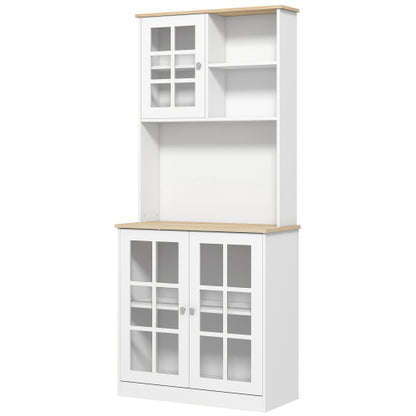 Kitchen Pantry Cabinet, 72 inch Freestanding Storage Cabinet with Hutch, Large Countertop, Glass Doors and Adjustable Shelves, Microwave Cabinet, Coffee Bar Cabinet for Dining Room, White