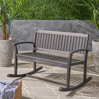 Patio Rocking Loveseat, 2 Person Outdoor rocker Bench, Acacia Wood Patio rocking Loveseat with Armrests, Slatted Seat & Backrest, Porch Rocking Bench for Backyard, Garden