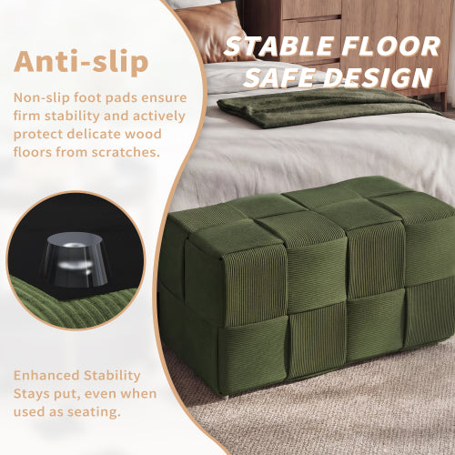 Green Square Corduroy Woven Ottoman, 300 LBS Engineered Wood Frame No-Assembly Vanity Foot Stool