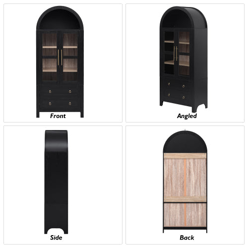 71 Inch Black Arched Glass Door Kitchen Pantry Storage Cabinet