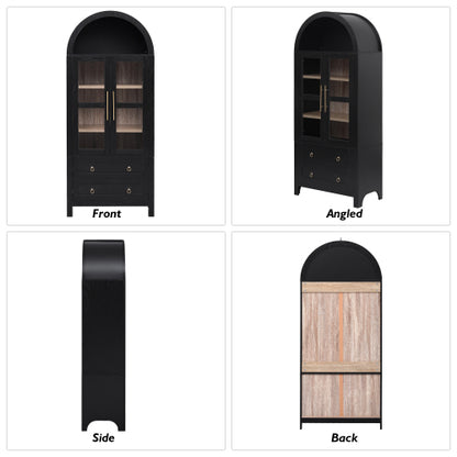 71 Inch Black Arched Glass Door Kitchen Pantry Storage Cabinet