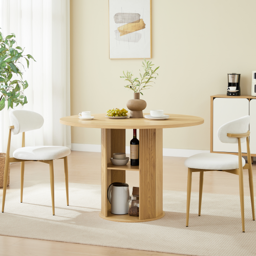 3-Piece Natural Wood Grain Dining Set, 47.2inch  Round Table with Double Shelves & 2 Velvet Chairs