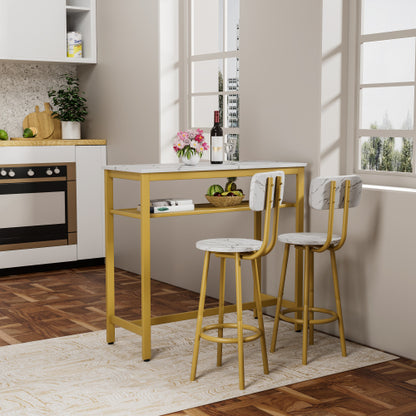 3-Piece Counter Height Dining Set with White Faux Marble Tabletop and 2 Stools, Space Saving Bar Table Set