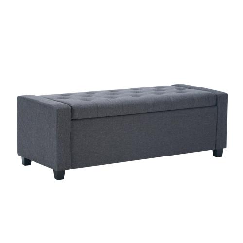 48 inch Grey Faux Linen Tufted Storage Bench, Safety Hinge Armrest Ottoman for Bedroom Entryway Living Room