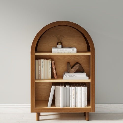 Walnut Arched Top 3-Tier Open Bookshelf Glaze Finish Storage Cabinet for Living Room Entryway Bedroom