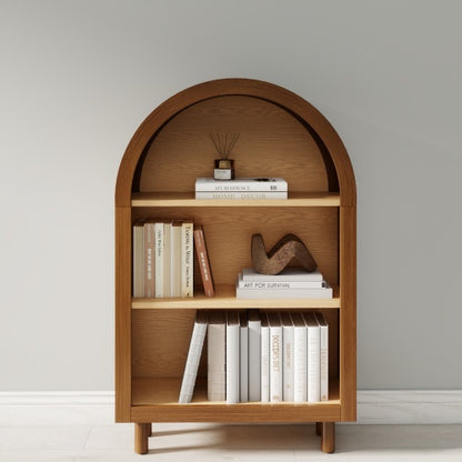 Walnut Arched Top 3-Tier Open Bookshelf Glaze Finish Storage Cabinet for Living Room Entryway Bedroom