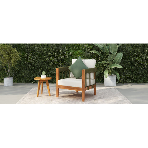 Acacia Wood Outdoor Club Chair with Handwoven Rope Accents & Curved Backrest - Water-Resistant Boho Patio Lounge Chair with Removable Cushions for Porch, Garden
