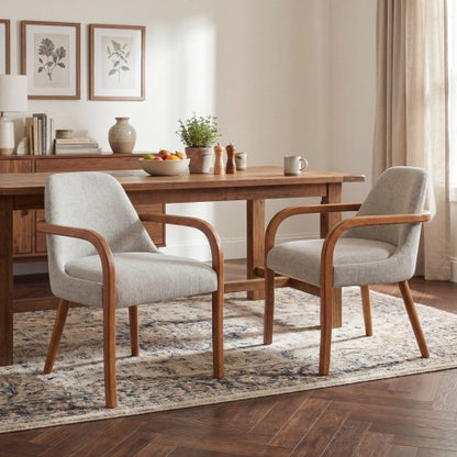 Set of 2 Mid-Century Beige Fabric Dining Arm Chairs, Rubber Wood Legs, 250 lbs Capacity