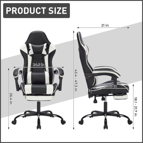 Gaming Chair with Footrest, Ergonomic Computer Chair with Headrest and Lumbar Support, Breathable Material Height Adjustable Video Game Chairs for Adults, Black White