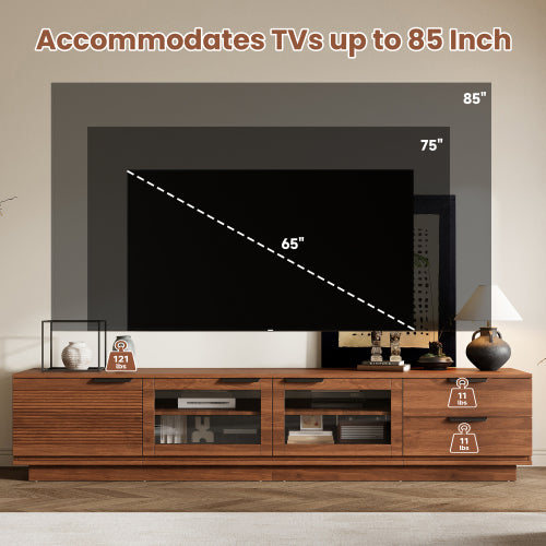 78.74 inch Walnut Fluted Glass Door Legless TV Stand 2 Drawer Media Console Supports Up To 85 inch TV