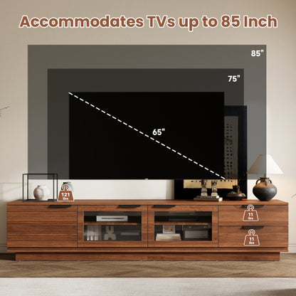 78.74 inch Walnut Fluted Glass Door Legless TV Stand 2 Drawer Media Console Supports Up To 85 inch TV