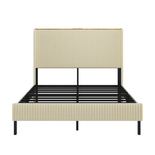King Size Platform Bed , Metal Bed Frame with Charging Station, No Box Spring Needed, (Beige), Noise Free,Easy Assemble.