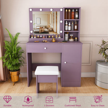 Purple Vanity Desk Set with Padded Stool & Adjustable Lighted Mirror, 8 Round Bulbs, 3 Color Modes, Modern Bedroom