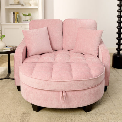 Pink 2-Seater Sofa Chaise, Irregular Armrest, Storage Footrest & 2 Pillows