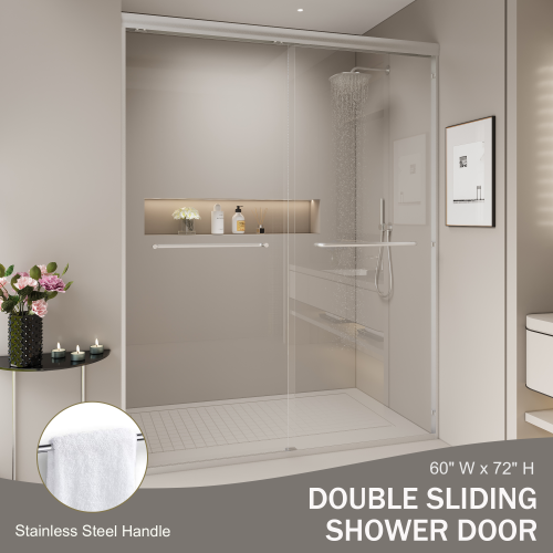 56-60 in. W x 72 in. H Double Sliding Shower Door, Semi-frameless Bypass Bathroom Sliding Door with 1/4" (6mm) Tempered Glass for Walk-in Shower, Brushed Nickel 24D03-60BNX
