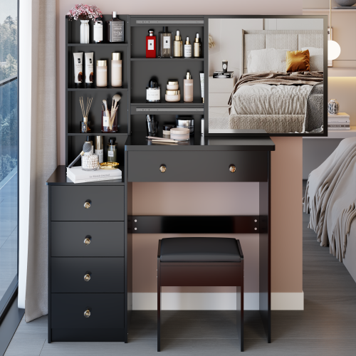 37inch  Middle Size Left Bedside Cabinet Vanity Table + Cushioned Stool, Extra Large Right sliding mirror, Multi Layer High Capacity Storage, Practical Fashionable Dresser, Suitable For Middle Space