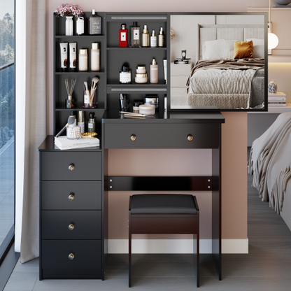37inch  Middle Size Left Bedside Cabinet Vanity Table + Cushioned Stool, Extra Large Right sliding mirror, Multi Layer High Capacity Storage, Practical Fashionable Dresser, Suitable For Middle Space