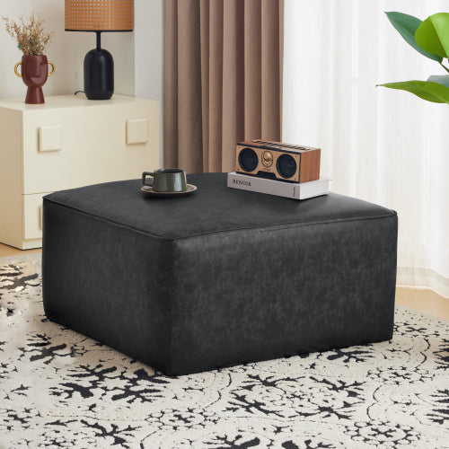 Black Square PU Leather Modular Ottoman, 29.5 inchW Sectional Footrest with Pocket Coil Spring Support