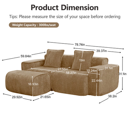 Brown Velvet 2-Seat L-Shape Modular Boneless Sofa, Ottoman & Pillows