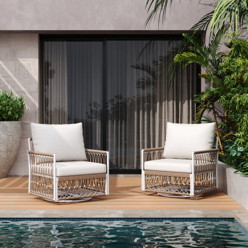 [Set of 2] 360° Swivel Bohemian Outdoor Lounge Chair with Handwoven Rope & Powder-Coated Steel Frame, Waterproof Cushions - Patio, Garden, Poolside