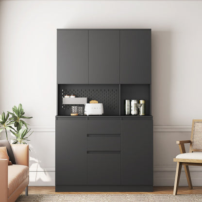 74 Inch Kitchen Pantry Cabinet with Hutch Drawers and Charging Station Black