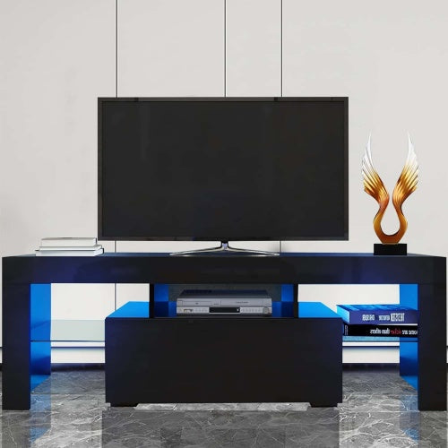 Black High Gloss UV LED TV Console, Flip Door Glass Shelf Stand for Up to 55 Inch TV