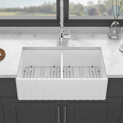 White Farmhouse Sink - 33 x 20 x 10 inch White Ceramic Porcelain Double Bowl Reversible Design Farm Kitchen Sink