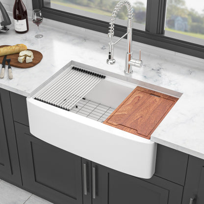 White Farmhouse Sink Workstation - 33 x 21 x 10 inch White Porcelain Ceramic Single Bowl Farm Kitchen Sink
