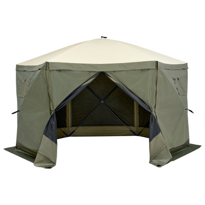 Pop Up Gazebo Tent, Pop-Up Screen Tent 6 Sided Canopy Sun Shelter with 6 Removable Privacy Wind Cloths & Mesh Windows, 12x12FT Quick Set Screen Tent with Mosquito Netting, Army Green