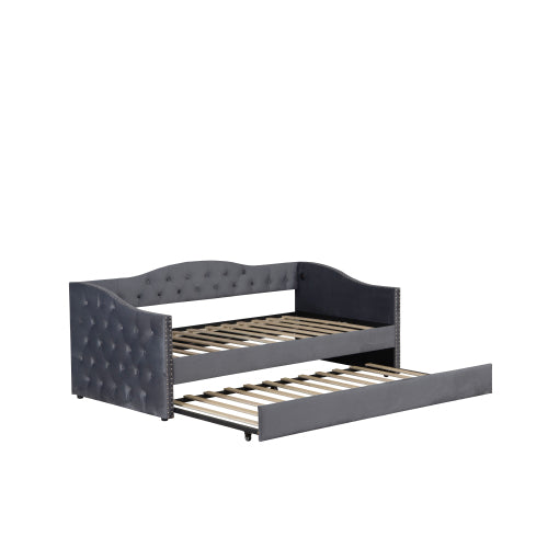 Twin Size Upholstered Daybed with Trundle and USB Charging Design, Sturdy Wood Slat Support, Wood Bed Frame for Bedroom/Guestroom/Dorm,Plush Velvet Fabric,Gray